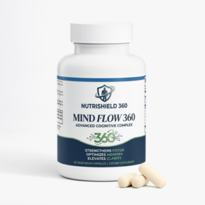 Mind Flow 360 advanced cognitive support supplement bottle by NutriShield360 for workflow optimization and effortless flow state.