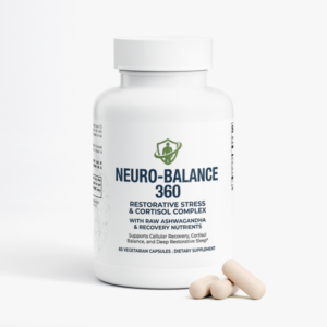 Neuro-Balance 360 premium ashwagandha cortisol reset supplement bottle by NutriShield360 for stress relief and cellular recovery.