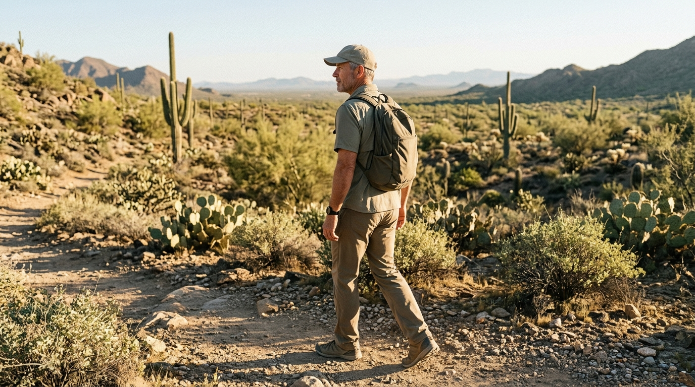 Mature American man hiking in the Arizona desert as part of an active healthy aging lifestyle.