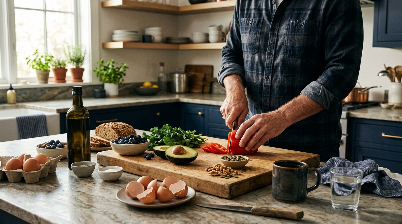 Balanced healthy meal prepared at home as part of a healthy aging lifestyle.