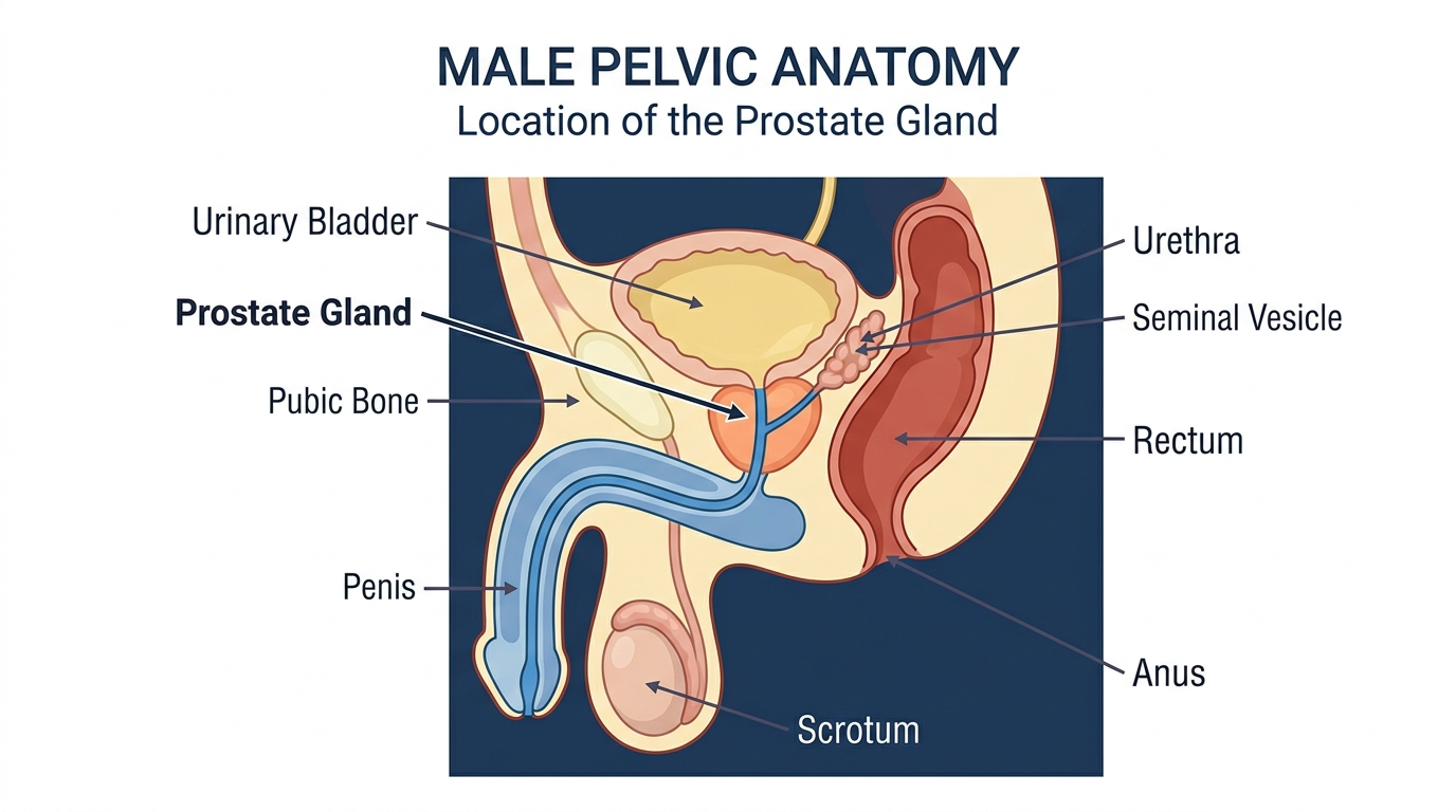 Medical illustration showing the location of the prostate beneath the bladder and around the urethra.