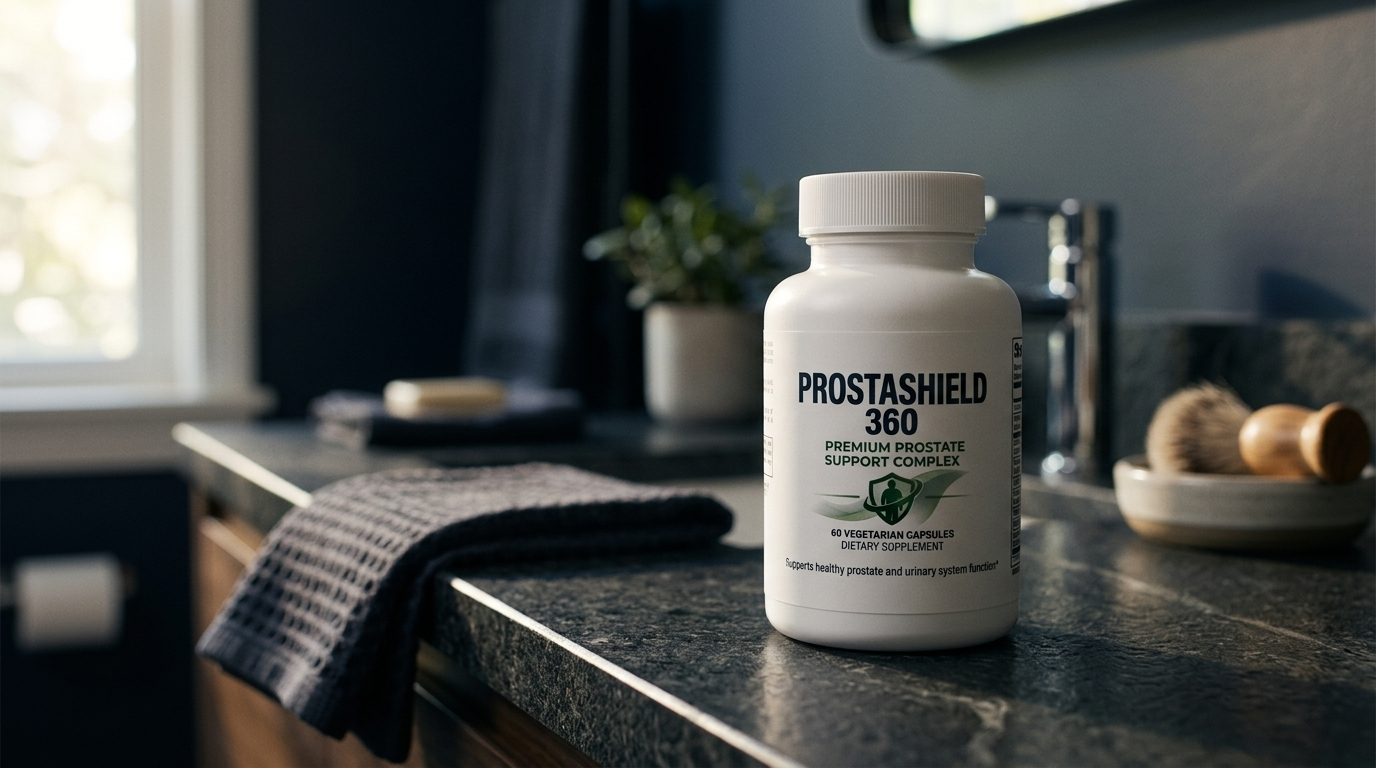 ProstaShield360 dietary supplement displayed as part of a man's daily wellness routine.