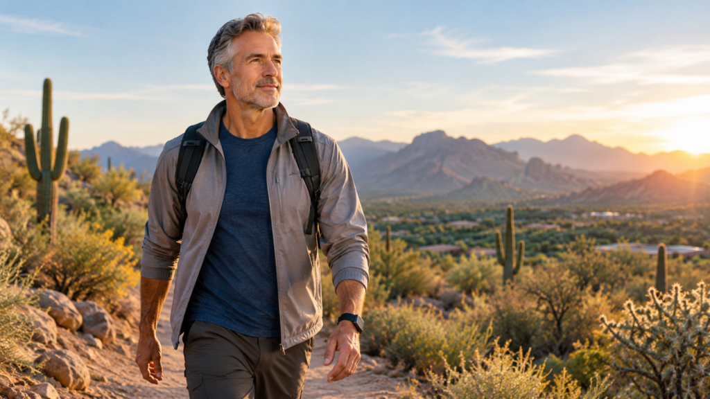 Active American man in his 50s walking outdoors as part of a healthy aging lifestyle.